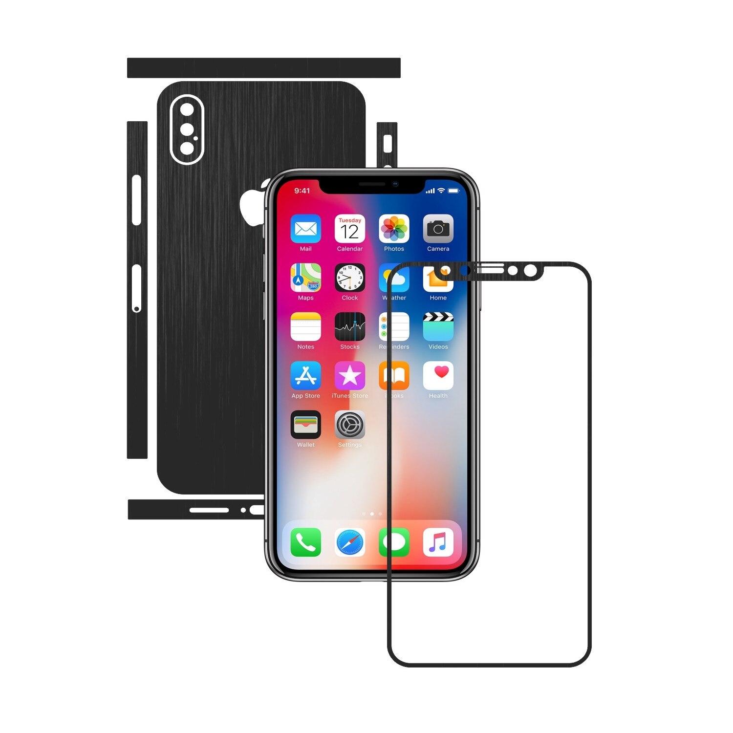 1 + 1 GRATUIT - Apple iPhone X - Brushed Negru - Folie de protectie Carbon Skinz, Husa Full Body Cover de tip Skin Adeziv pentru Rama Ecran,Carcasa Spate si Laterale