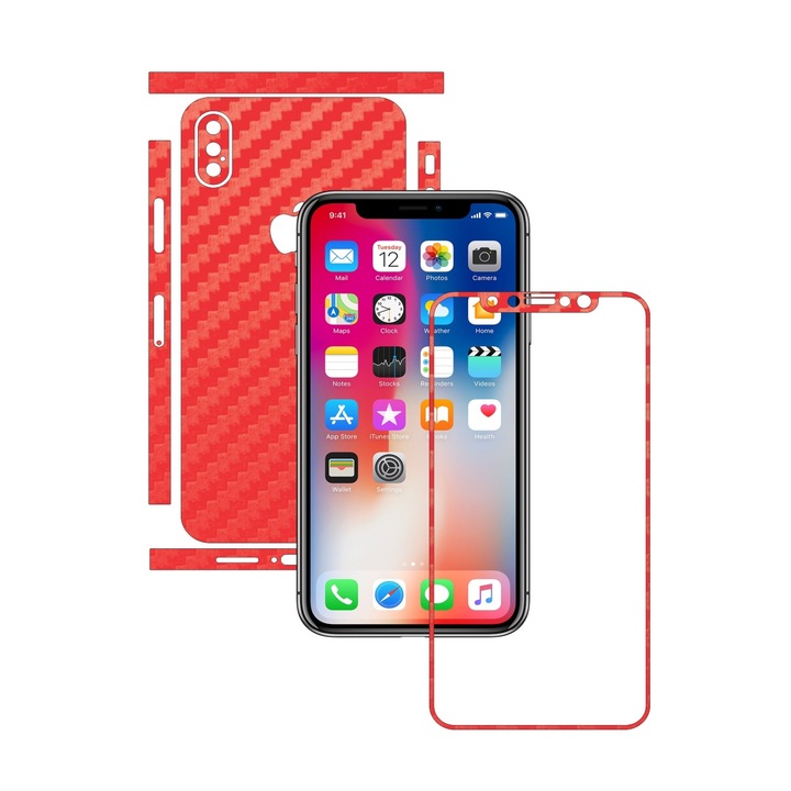 Carbon Skinz védőfólia, öntapadó bőrborítás a tokhoz, Carbon Red Apple iPhone X / XS-hez dedikált