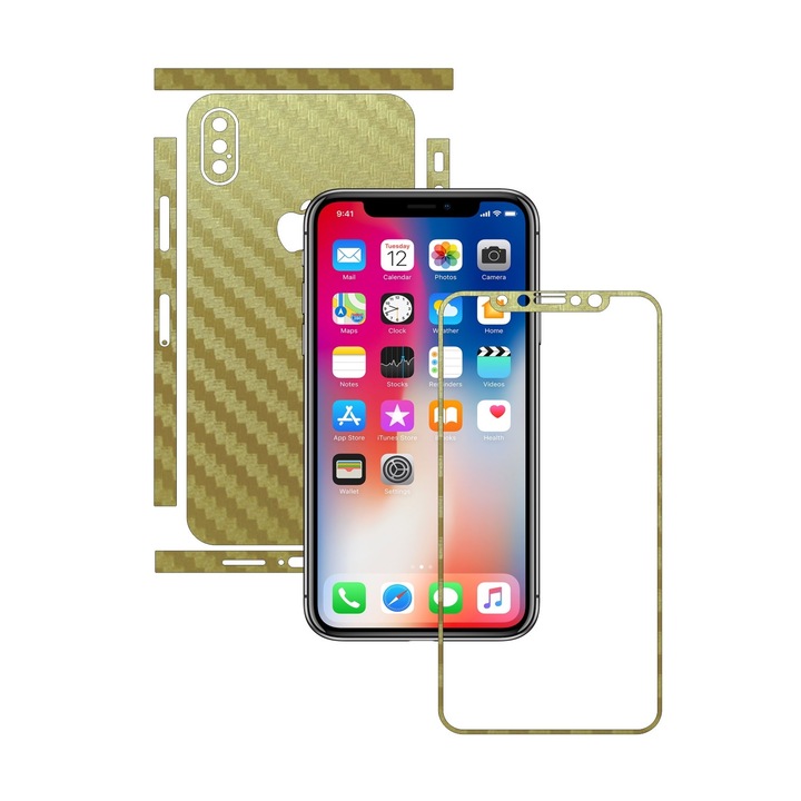 Carbon Skinz védőfólia, öntapadó bőrborítás a tokhoz, Carbon Gold dedikált Apple iPhone X / XS-hez