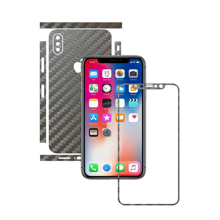 Carbon Skinz védőfólia, öntapadó bőrborítás a tokhoz, szénszürke ezüst, dedikált Apple iPhone X / XS-hez