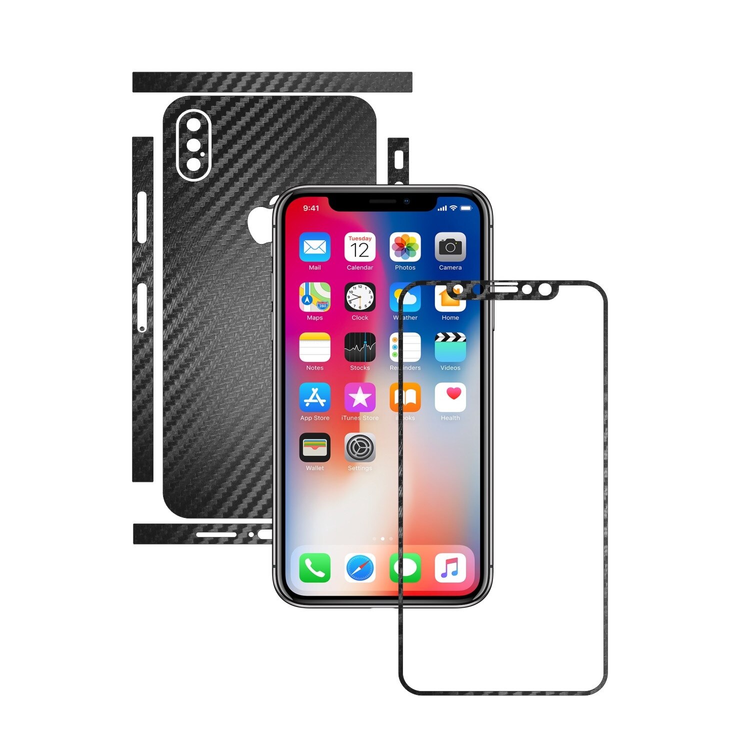 1 + 1 GRATUIT - Apple iPhone X - Carbon Negru - Folie de protectie Carbon Skinz, Husa Full Body Cover de tip Skin Adeziv pentru Rama Ecran,Carcasa Spate si Laterale