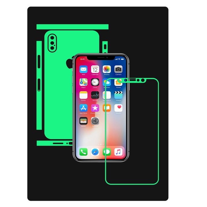 Glow Skinz foszforeszkáló védőfólia, öntapadó bőrborítás a tokhoz, Apple iPhone X / XS-hez dedikálva
