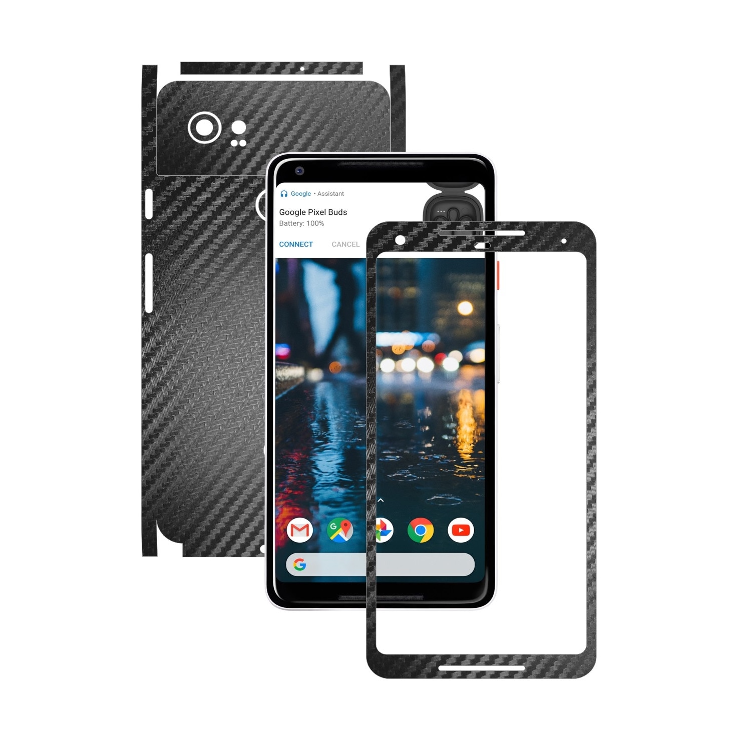 1 + 1 GRATUIT - Google Pixel 2 XL - Carbon Negru - Folie de protectie Carbon Skinz, Husa Full Body Cover de tip Skin Adeziv pentru Rama Ecran,Carcasa Spate si Laterale