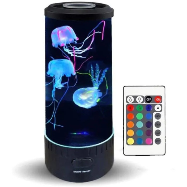 LED лава лампа, кръгла, с медузи, многоцветна, черна основа