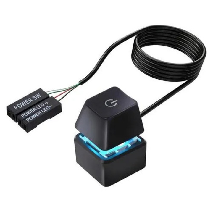 Buton pornire PC mecanic ergonomic, cablu 1.8m, LED albastru, negru