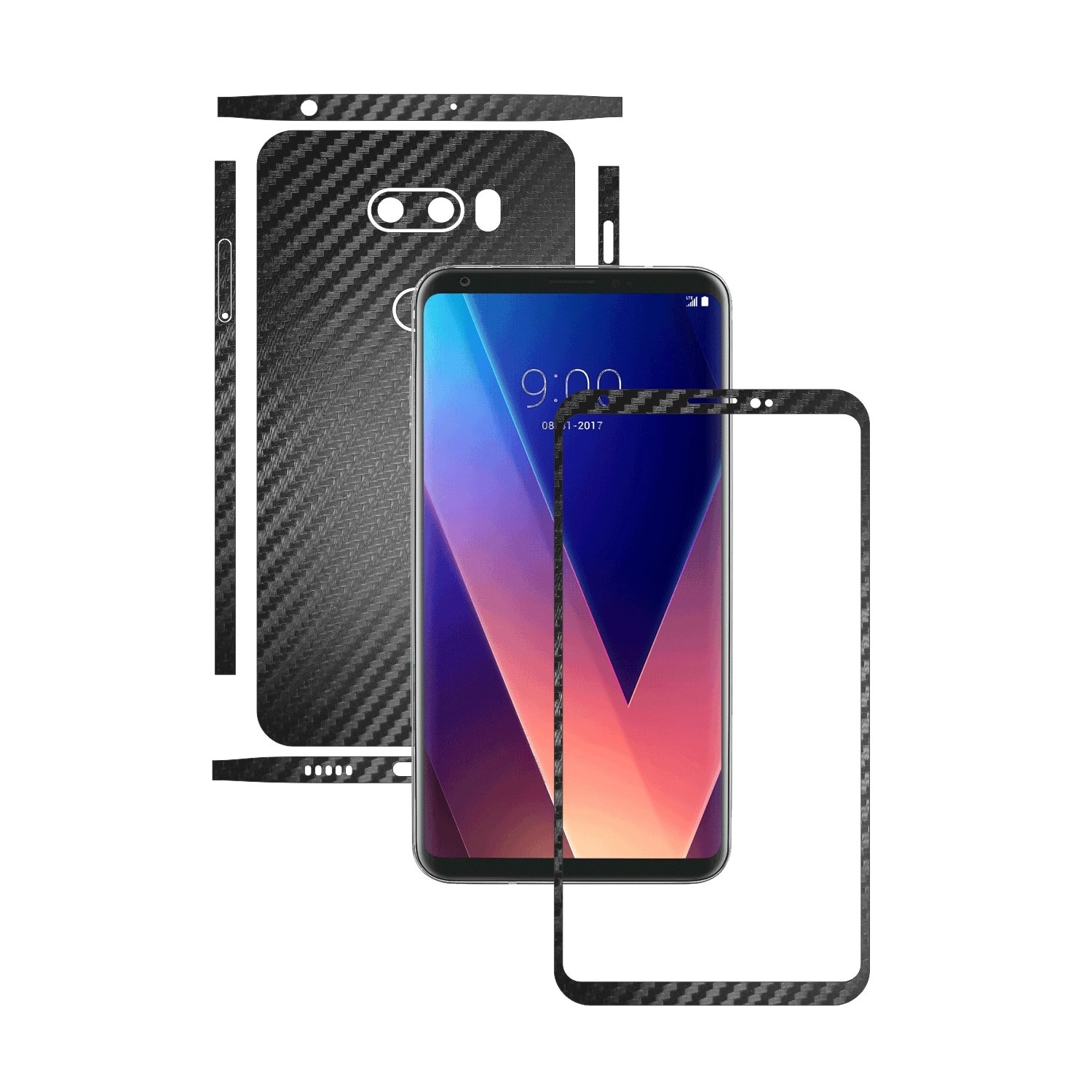 1 + 1 GRATUIT - LG V30 - Carbon Negru - Folie de protectie Carbon Skinz, Husa Full Body Cover de tip Skin Adeziv pentru Rama Ecran,Carcasa Spate si Laterale