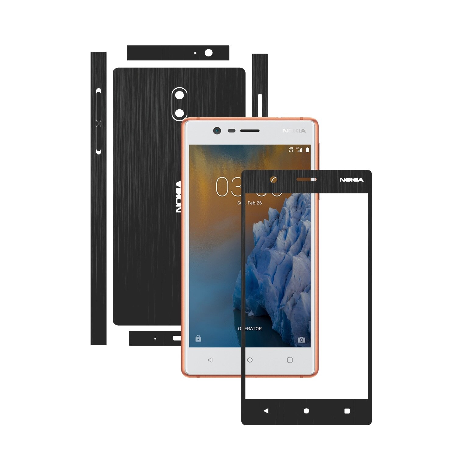 1 + 1 GRATUIT - Nokia 3 - Brushed Negru - Folie de protectie Carbon Skinz, Husa Full Body Cover de tip Skin Adeziv pentru Rama Ecran,Carcasa Spate si Laterale