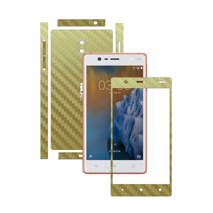 Folie de protectie Carbon Skinz, Husa de tip Skin Adeziv pentru Carcasa, Carbon Auriu dedicata Nokia 3