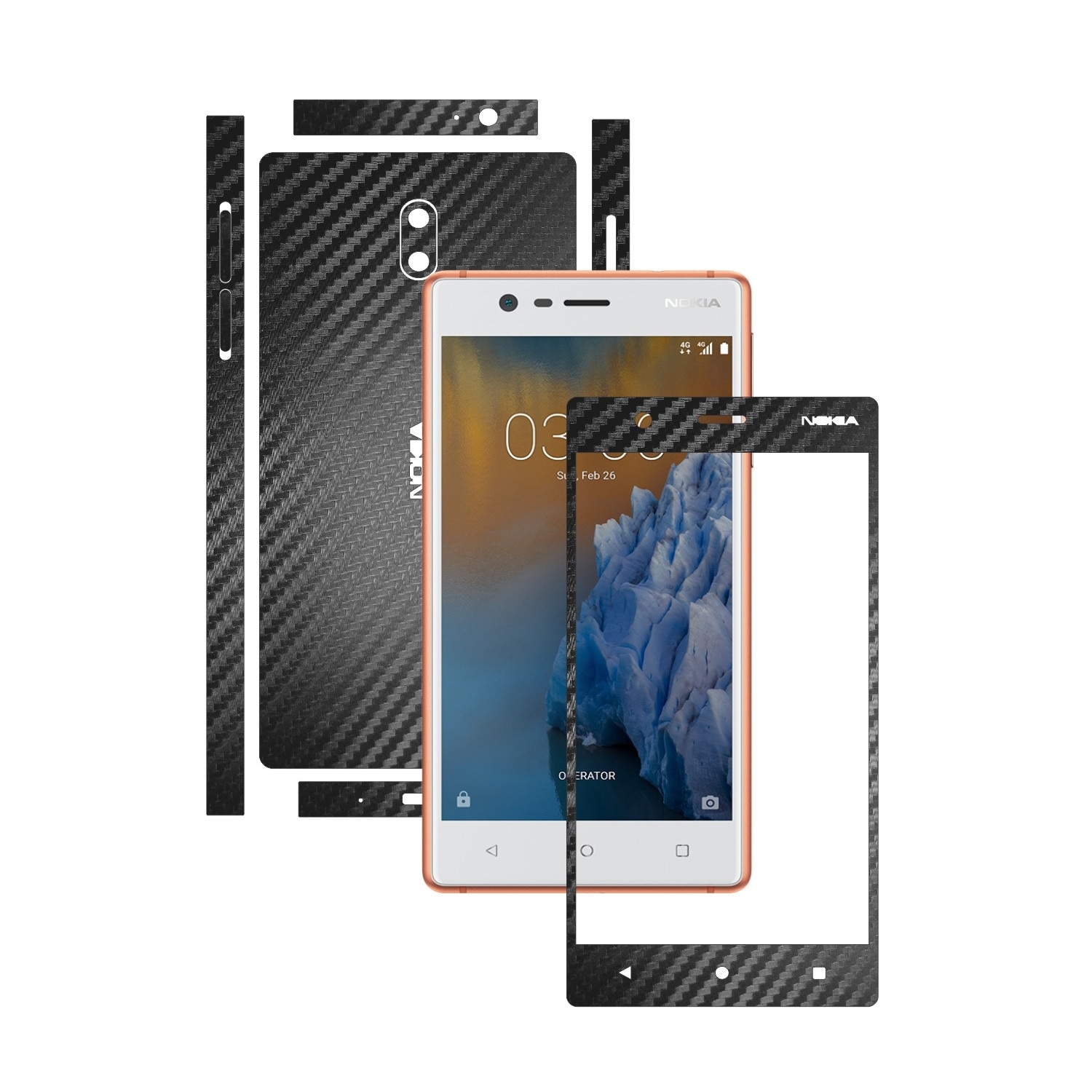 1 + 1 GRATUIT - Nokia 3 - Carbon Negru - Folie de protectie Carbon Skinz, Husa Full Body Cover de tip Skin Adeziv pentru Rama Ecran,Carcasa Spate si Laterale