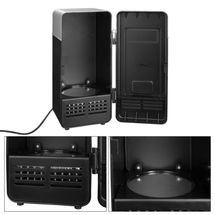 Mini frigider negru si argintiu pentru birou cu alimentare USB