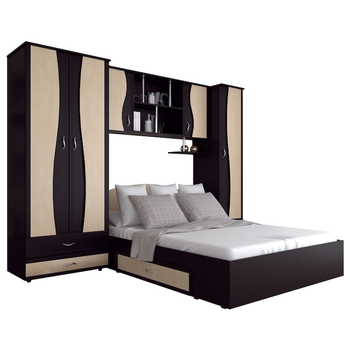 Set Dormitor Tineret cu D2, 264x51/205x200cm, Wenge/Mesteacan