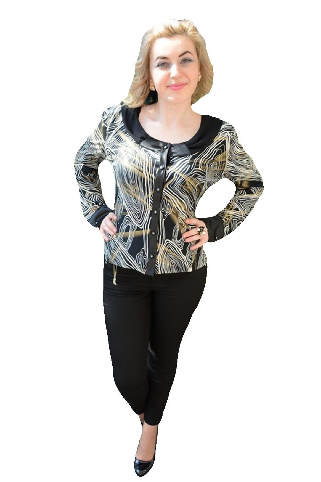 Bluza cu decolteu rotund, imprimeu abstract,masura mare,D&J Exclusive, Negru/Alb