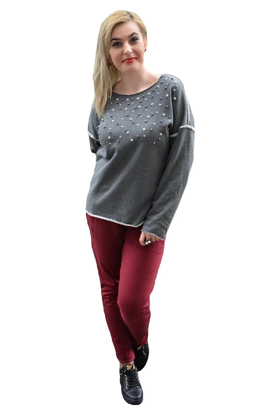 Bluza tinereasca din bumbac, decorata cu margele,D&J Exclusive, Gri