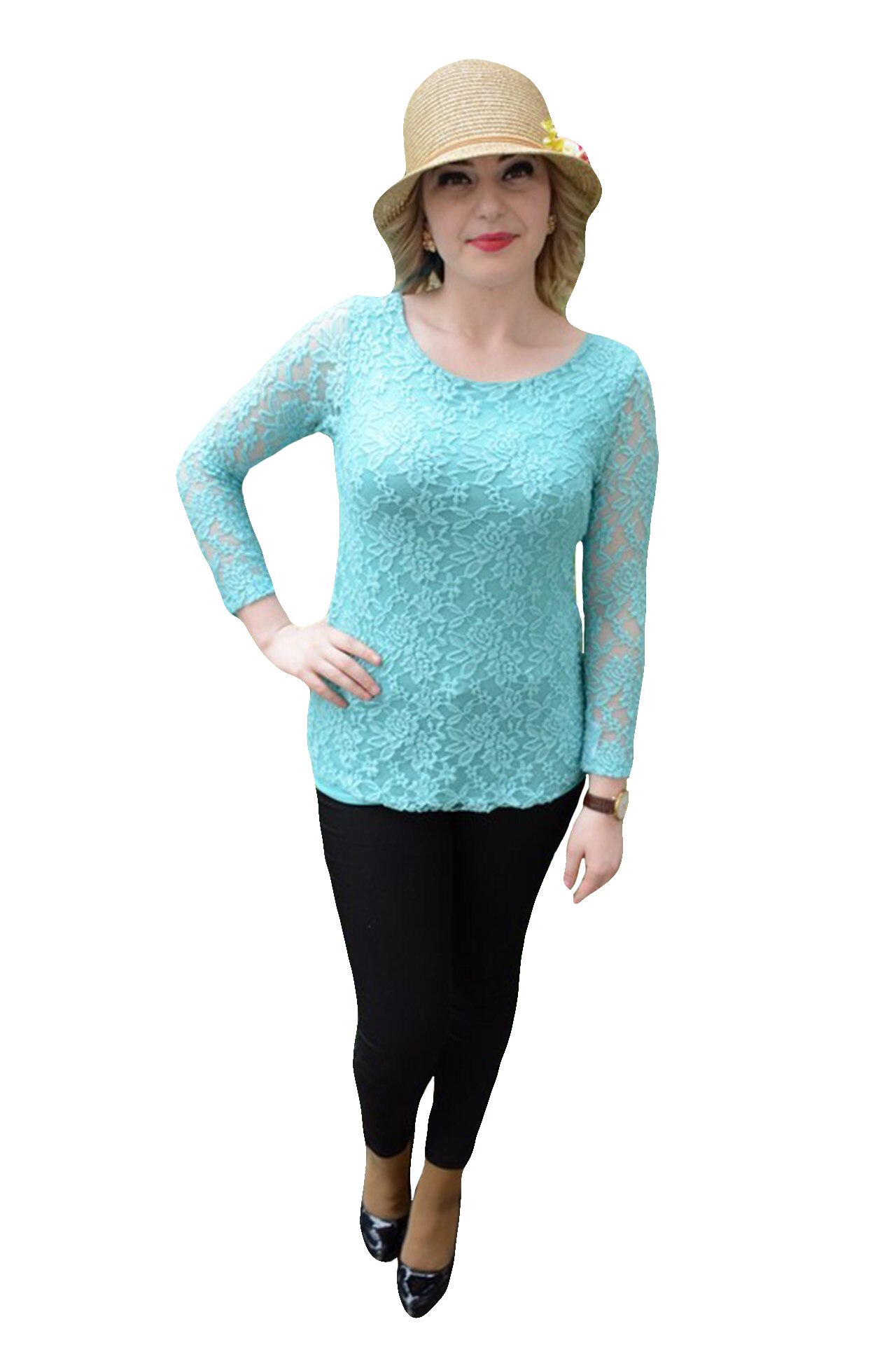 Bluza tinereasca de dantela, cu maneca lunga , D&J Exclusive, Turcoaz