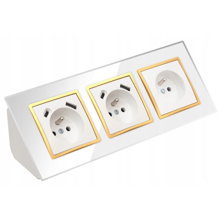 Priza Tripla Sticla Mobilier Colt USB Tip C Alb Auriu