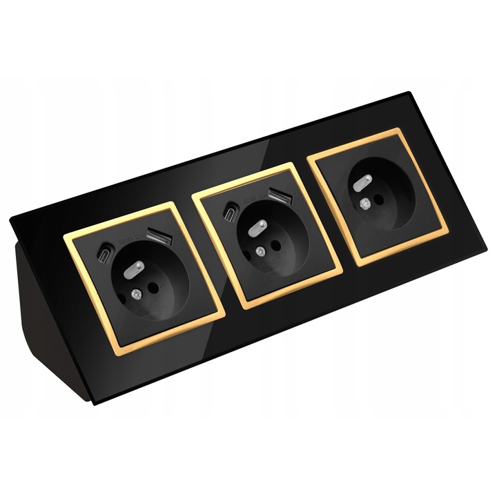 Priza Tripla Sticla Mobilier Colt USB Tip C Negru-Auriu