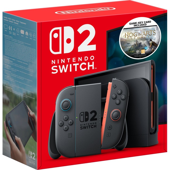 Consola Nintendo Switch 2, LCD HDR10 7.9", 256GB Flash, Wi-Fi, Bluetooth, Light Blue/Light Red JoyCon + Hogwarts Legacy Negru