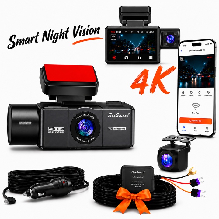 Camera Auto De Bord EvoSmart™ Y226 Tripla, Rezolutie 4K, Camera Dubla Waterproof, Smart Night Vision, Display Ultra 2.99 inch, Inregistrare In Bucla, G-Sensor, Kit Monitorizare 24h Inclus, Negru
