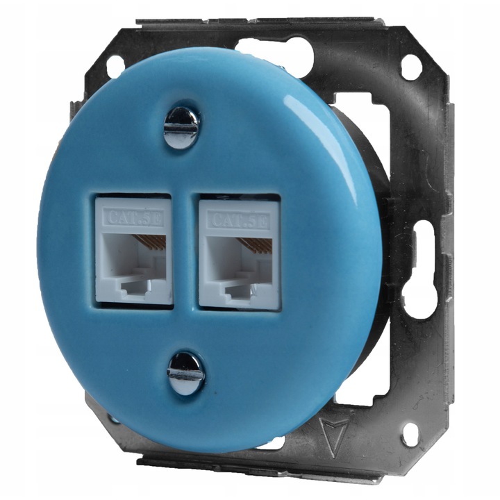 Priza Ceramica Dubla RJ45 Retro, Montaj Sub Tencuiala, Albastru Pastel