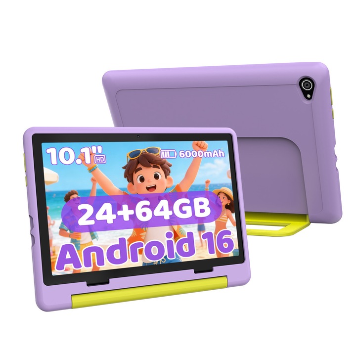 Tableta wqplo pentru copii KB1016, 10.1 inch, Octa-Core 1.75GHz, 20GB RAM, 64GB ROM, Android 16 Go, 5000mAh, Dual Camera 5MP + 8MP, WiFi 6, Bluetooth 5.4, Copii UKIDOZ, Violet