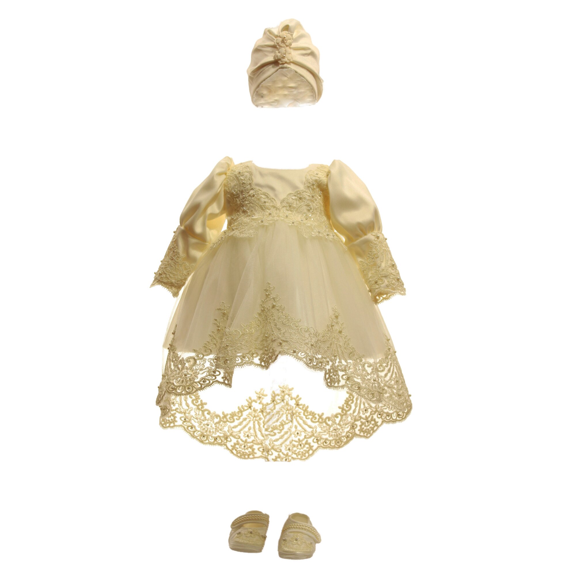 Rochie pentru botez cu trena, trei piese, culoare ivoire, varsta 3-6 luni