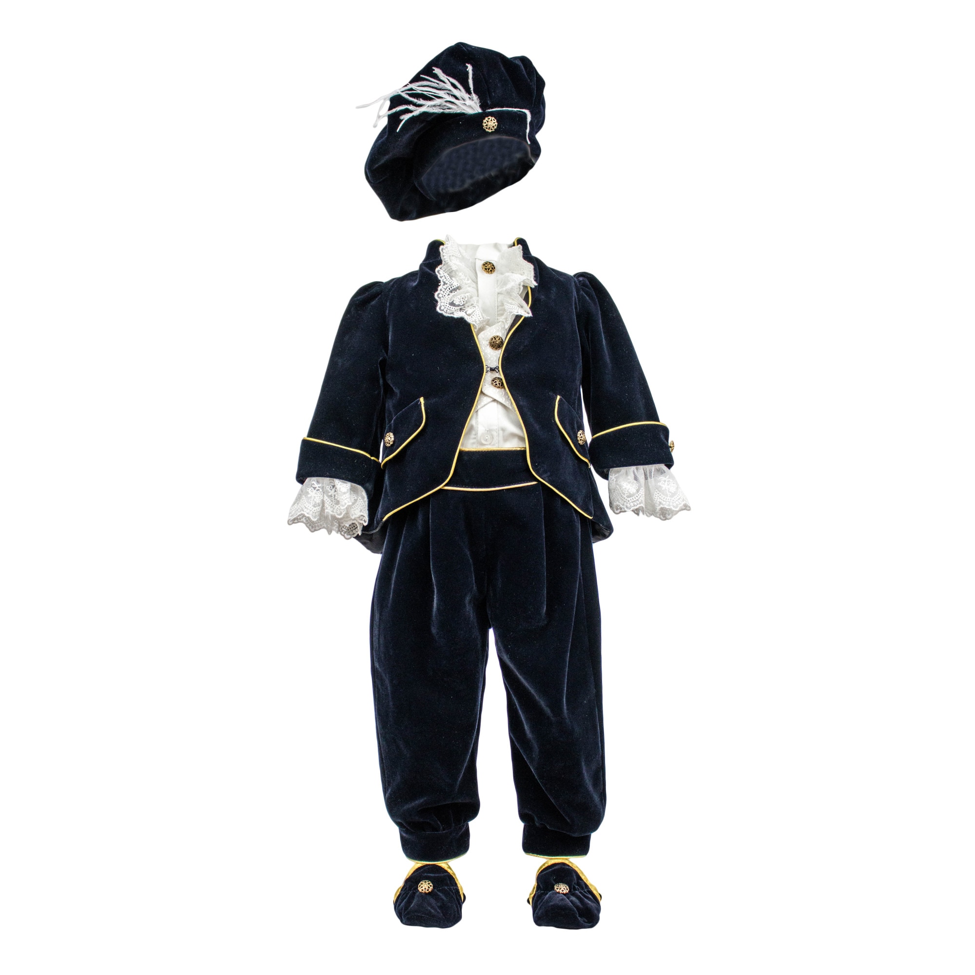 Costum botez model Micul Print din catifea de culoare bleumarin, varsta 6-9 luni