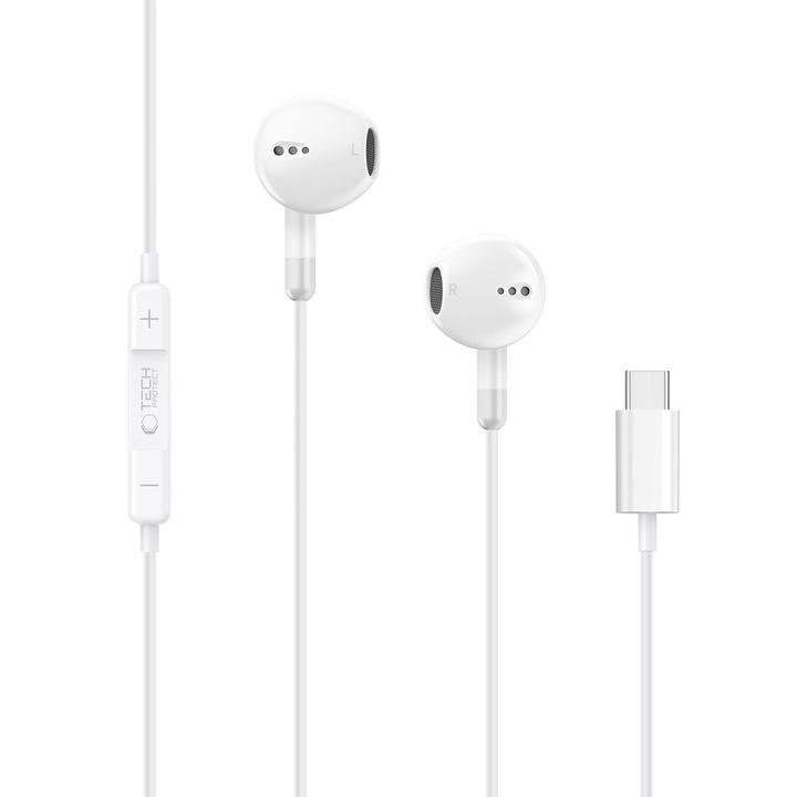 Casti audio Tech-Protect Ultraboost Core G4, In-ear, Control pe fir, USB-C, Lungime cablu 1.2m, Alb