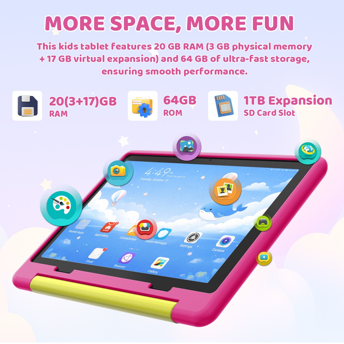 Tableta wqplo KB1028 pentru copii, ecran HD 10.1 inch, 20GB RAM + 64GB ROM, Procesor Octa-Core, Android 16 Go, Baterie 5000mAh, Camera dubla 5MP + 8MP, WiFi 6 + Bluetooth 5.4, Mod copii, Roz