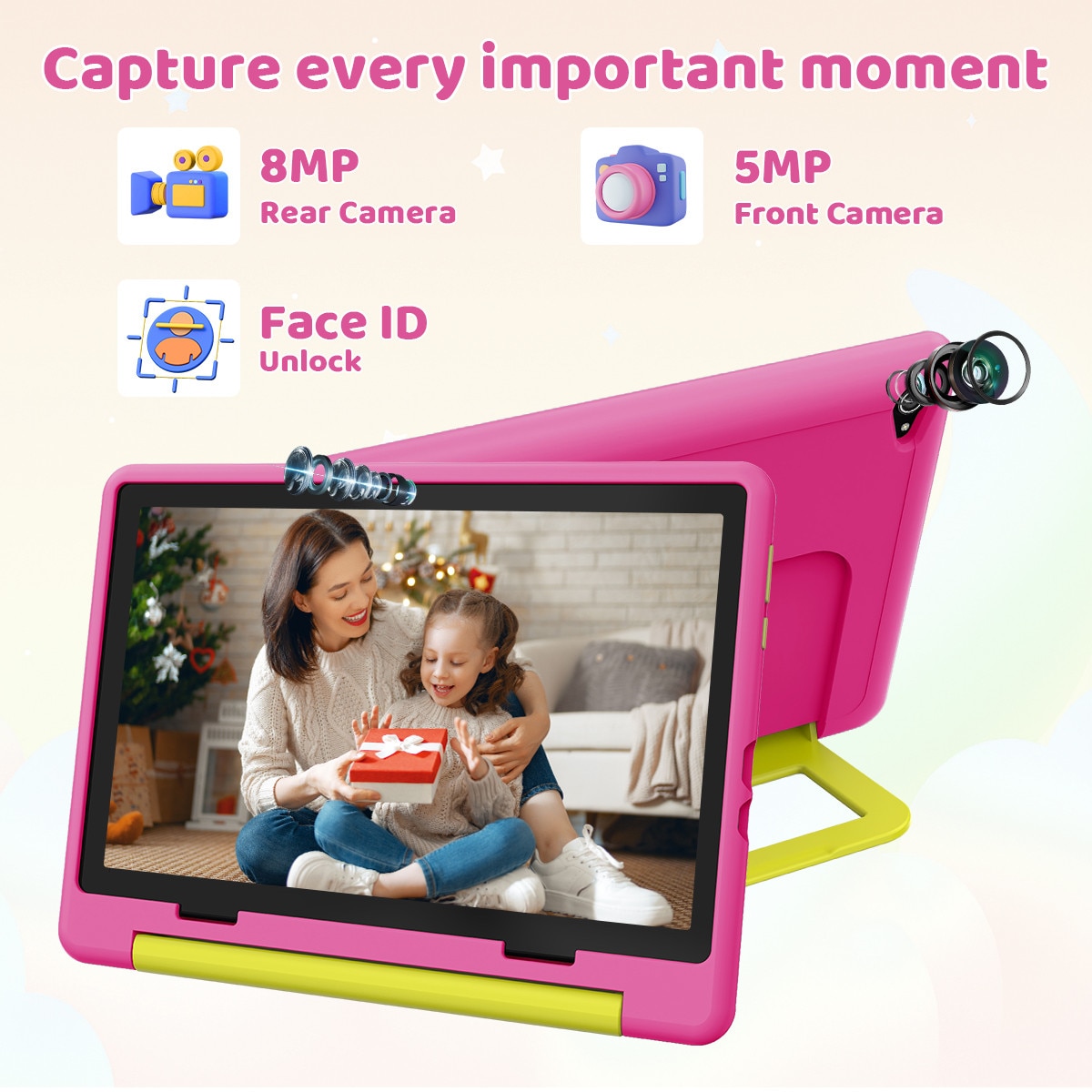 Tableta wqplo KB1028 pentru copii, ecran HD 10.1 inch, 20GB RAM + 64GB ROM, Procesor Octa-Core, Android 16 Go, Baterie 5000mAh, Camera dubla 5MP + 8MP, WiFi 6 + Bluetooth 5.4, Mod copii, Roz