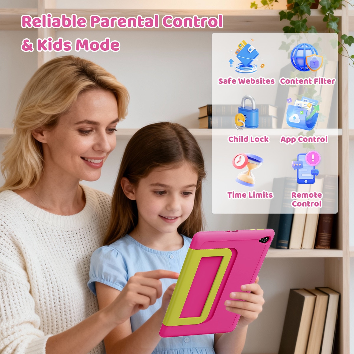 Tableta wqplo KB1028 pentru copii, ecran HD 10.1 inch, 20GB RAM + 64GB ROM, Procesor Octa-Core, Android 16 Go, Baterie 5000mAh, Camera dubla 5MP + 8MP, WiFi 6 + Bluetooth 5.4, Mod copii, Roz