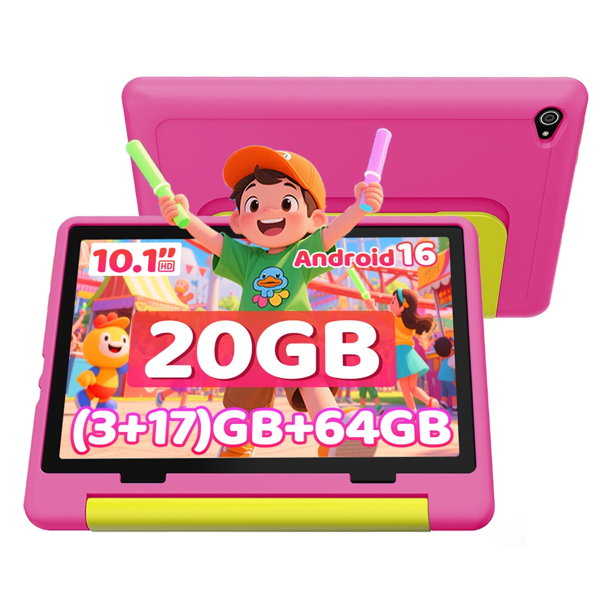 Tableta wqplo KB1028 pentru copii, ecran HD 10.1 inch, 20GB RAM + 64GB ROM, Procesor Octa-Core, Android 16 Go, Baterie 5000mAh, Camera dubla 5MP + 8MP, WiFi 6 + Bluetooth 5.4, Mod copii, Roz