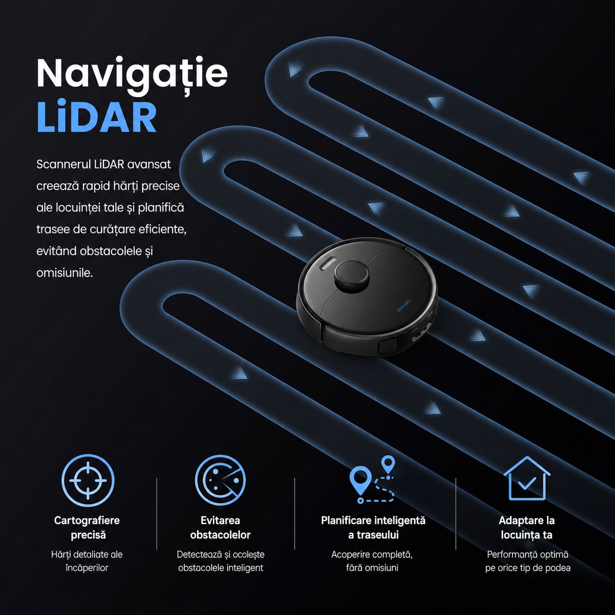Aspirator robot cu mop AIRROBO M2, 10.000 Pa, statie All-in-One cu auto-golire, auto-spalare si uscare mopuri, navigatie LiDAR, ridicare mop 10 mm, autonomie 180 min, aplicatie, Alexa, Google Assistant, Negru