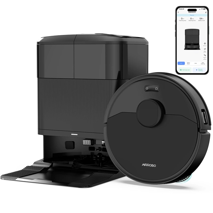 Aspirator robot cu mop AIRROBO M2, 10.000 Pa, statie All-in-One cu auto-golire, auto-spalare si uscare mopuri, navigatie LiDAR, ridicare mop 10 mm, autonomie 180 min, aplicatie, Alexa, Google Assistant, Negru