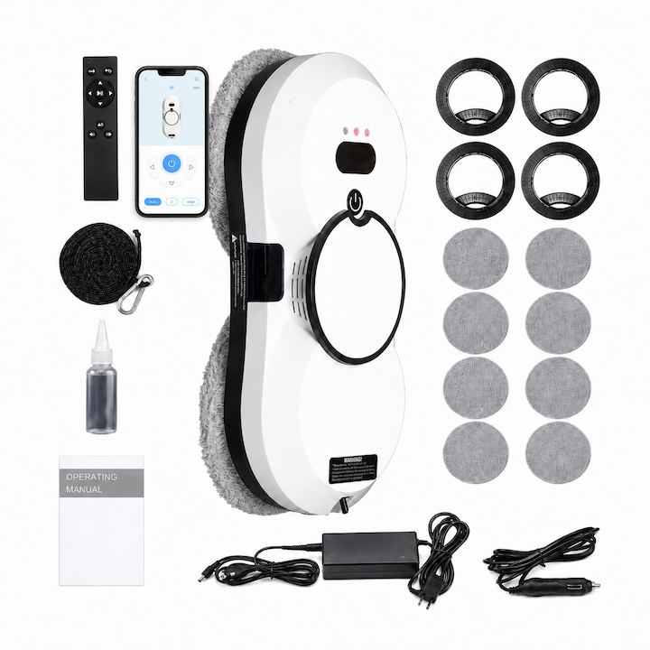 Robot automat de curatat geamuri VALORIA, aspiratie 3000 Pa, navigatie giroscopica, rezervor apa 60 ml, 2 moduri de curatare, autonomie pana la 180 min, sistem UPS 20 min, 72W, alb