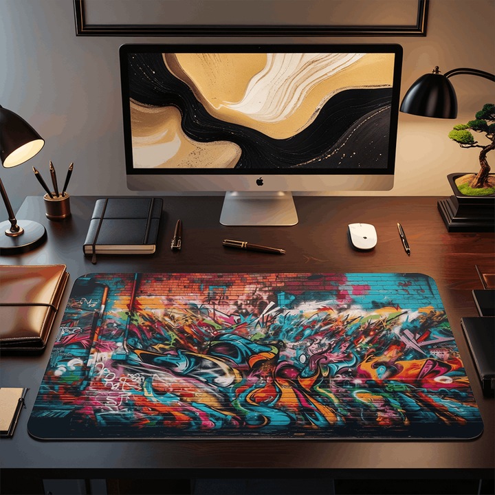Mousepad Deskmat Gaming Vibrant colors spray chaos city walls 800x400x4 mm rezistent la apa margini drepte cusute Oktane