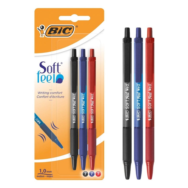 Комплект химикалки BIC Soft Grip Синьо Червено Черно 1.0mm - 3бр