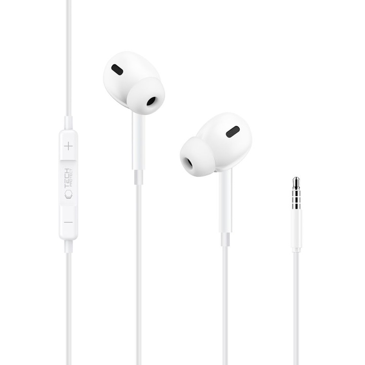 Casti audio Tech-Protect Ultraboost Core G3, In-ear, Control pe fir, Jack 3.5mm, Lungime cablu 1.2m, Alb
