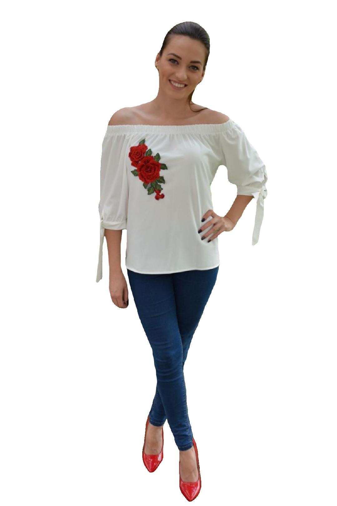 Bluza vaporoasa de vara cu floare brodata,D&J Exclusive, Alb
