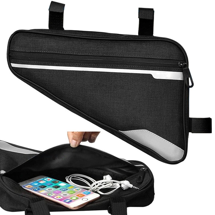 Geanta pentru bicicleta montare pe cadru impermeabila cu buzunar cu fermoar si buzunar plasa banda reflectorizanta neagra pentru telefon chei portofel accesorii ciclism