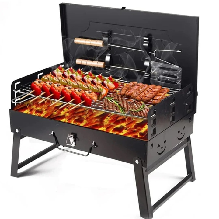 Összecsukható Hordozható Faszenes Grill, Bőrönd Típusú, BBQ Kiegészítőkkel, 44 x 24 x 6 cm