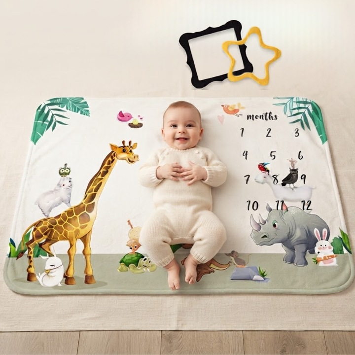Paturica Aniversara pentru Bebelusi Infiniteea™️, 120x100 cm, Flanela Ultramoale, Design Safari cu Animale, Set cu 2 Rame Foto Incluse (Neagra si Steluta Galbena), Paturica de Poze Lunara si Invelire pentru Fetite si Baietei, Cadou Ideal de Baby Shower