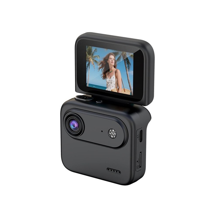Екшън камера 4K, сгъваем екран 2", широк ъгъл 140°, черна, 8GB, 6ч автономност