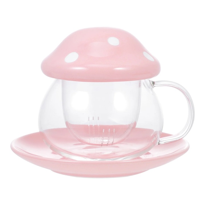 Set cana ceai ceramica si sticla, forma ciuperca, transparent, 250ml