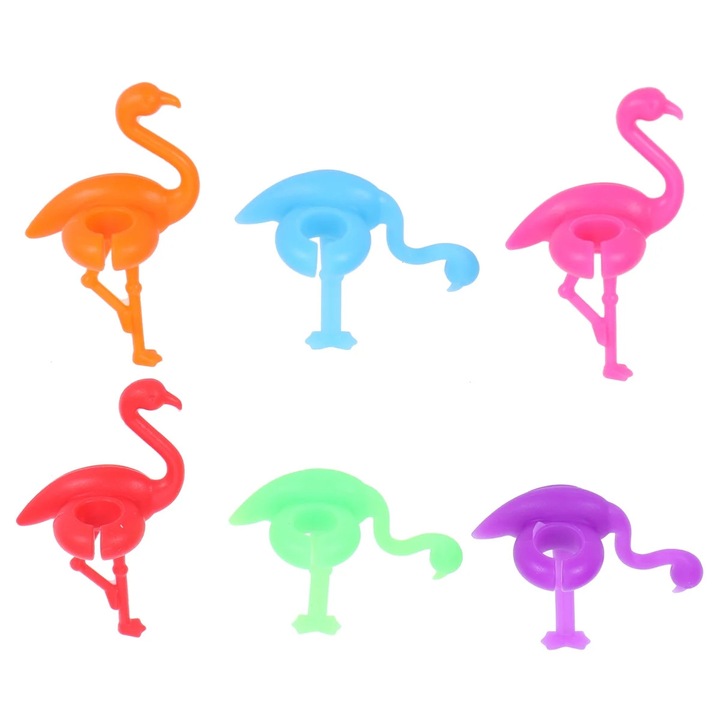 Set 6 etichete pahar vin, silicon, flamingo, multicolor, 5.5x3.5x2.3cm