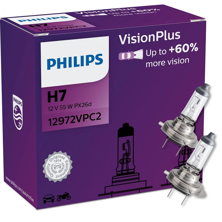 Bec Auto, Philips, H7 Vision Plus, Set 2 Bucati, Lumina Cu 60% Mai Puternica, Vizibilitate Maxima Plus 25 m, Siguranta Sporita Noaptea, Sticla Cuart Rezistenta La Socuri, Omologare ECE Road Legal, 12V 55W, Alb/Transparent