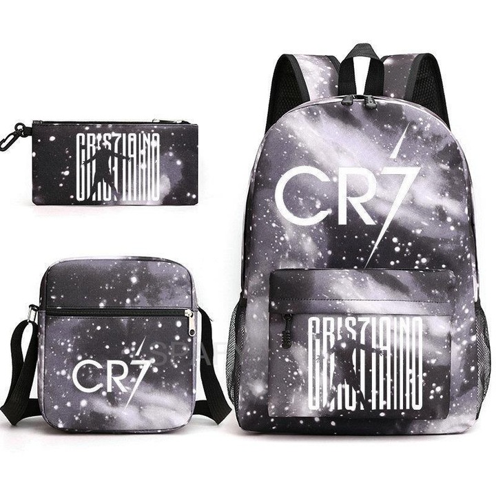 Rucsac, din Oxford, set 3 piese (rucsac, borseta, penar) cu imprimeu CR7, compatibil laptop 14 inci, negru/gri, 44 x 30 x 12 cm