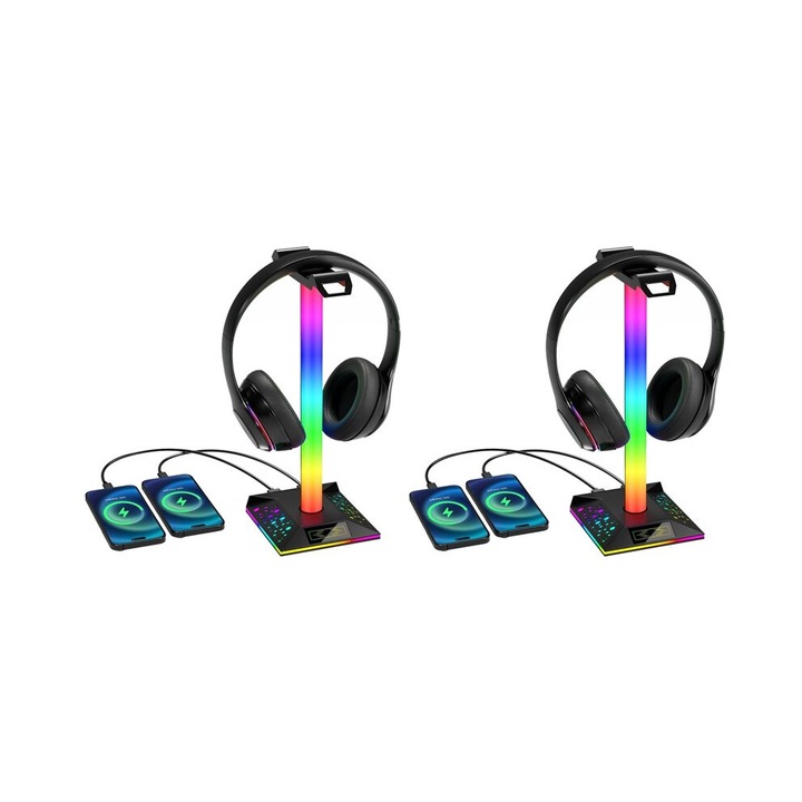 2 db RGB gaming fejhallgató tartó szett, 10 fénymód, 2 USB, USB-C, fekete