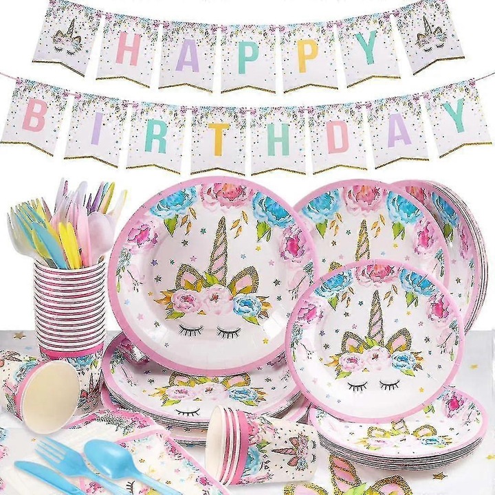 Set vesela petrecere unicorn, 114 piese, multicolor, pentru 16 persoane