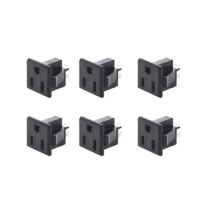 Set 6 prize curent 125V 15A 3 pini negre 2,6x2,6x3,5cm montaj panou
