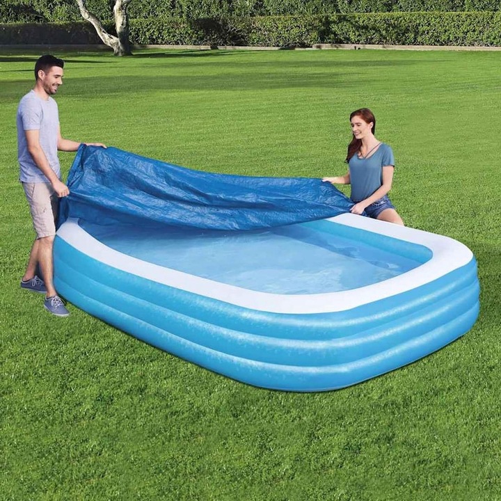 Téglalap alakú medence takaró 305x183cm, PE, kék, zsinórral